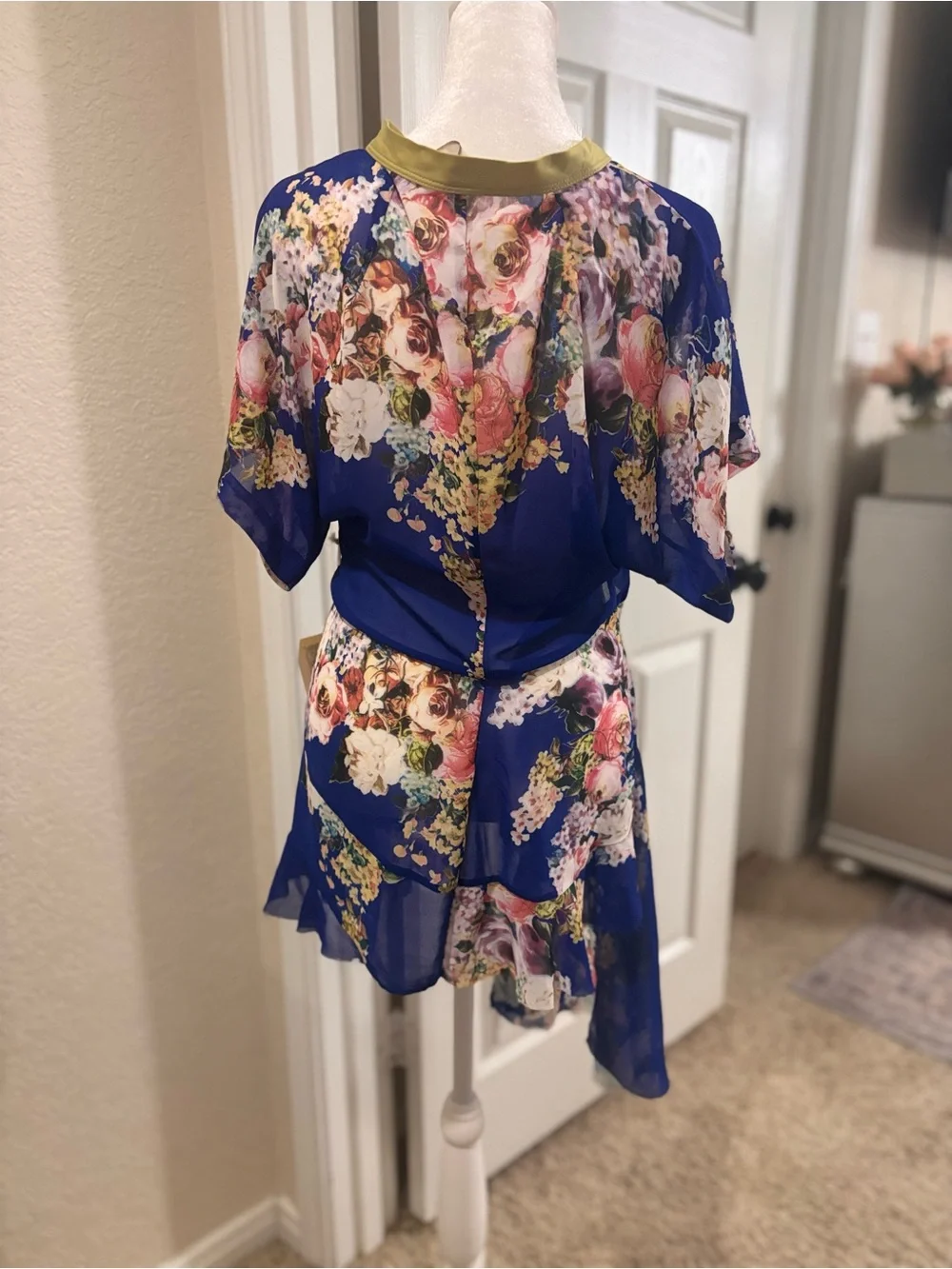 Aratta Royal Blue Floral V-Neck Ruffle Dress with Olive Trim